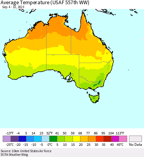 Australia Average Temperature (USAF 557th WW) Thematic Map For 9/4/2023 - 9/10/2023