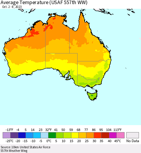 Australia Average Temperature (USAF 557th WW) Thematic Map For 10/2/2023 - 10/8/2023