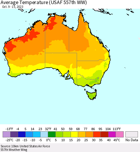 Australia Average Temperature (USAF 557th WW) Thematic Map For 10/9/2023 - 10/15/2023