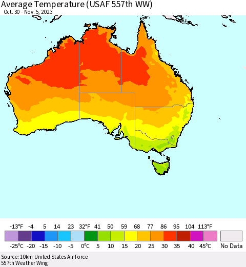Australia Average Temperature (USAF 557th WW) Thematic Map For 10/30/2023 - 11/5/2023