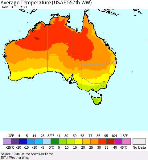 Australia Average Temperature (USAF 557th WW) Thematic Map For 11/13/2023 - 11/19/2023