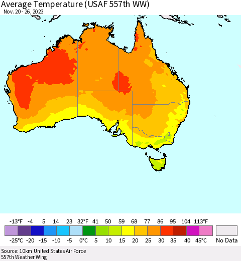 Australia Average Temperature (USAF 557th WW) Thematic Map For 11/20/2023 - 11/26/2023