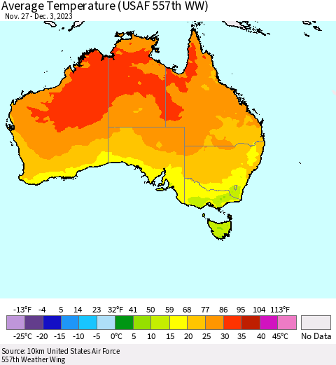 Australia Average Temperature (USAF 557th WW) Thematic Map For 11/27/2023 - 12/3/2023