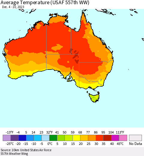 Australia Average Temperature (USAF 557th WW) Thematic Map For 12/4/2023 - 12/10/2023