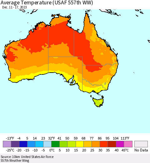 Australia Average Temperature (USAF 557th WW) Thematic Map For 12/11/2023 - 12/17/2023