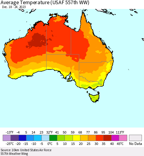 Australia Average Temperature (USAF 557th WW) Thematic Map For 12/18/2023 - 12/24/2023