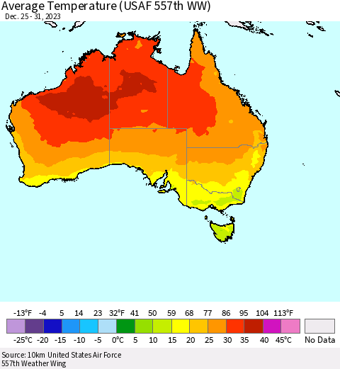 Australia Average Temperature (USAF 557th WW) Thematic Map For 12/25/2023 - 12/31/2023
