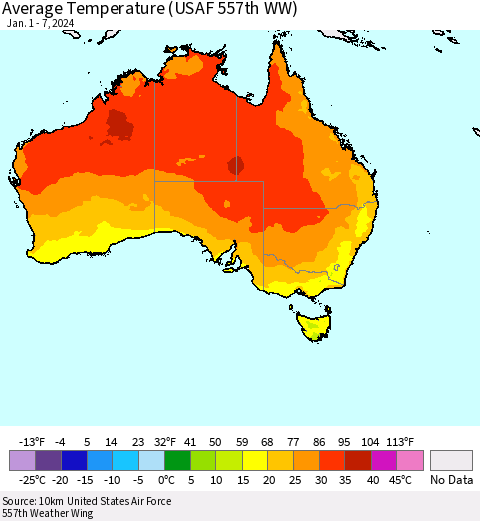 Australia Average Temperature (USAF 557th WW) Thematic Map For 1/1/2024 - 1/7/2024