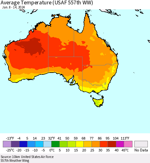 Australia Average Temperature (USAF 557th WW) Thematic Map For 1/8/2024 - 1/14/2024