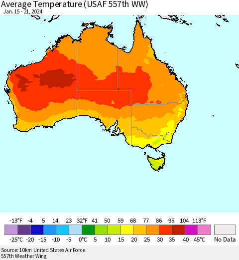Australia Average Temperature (USAF 557th WW) Thematic Map For 1/15/2024 - 1/21/2024