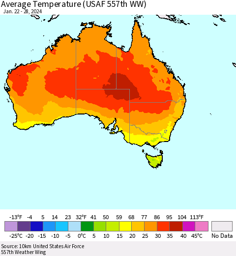 Australia Average Temperature (USAF 557th WW) Thematic Map For 1/22/2024 - 1/28/2024