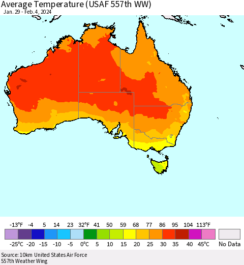 Australia Average Temperature (USAF 557th WW) Thematic Map For 1/29/2024 - 2/4/2024