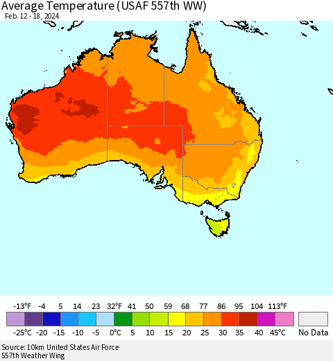 Australia Average Temperature (USAF 557th WW) Thematic Map For 2/12/2024 - 2/18/2024
