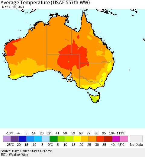 Australia Average Temperature (USAF 557th WW) Thematic Map For 3/4/2024 - 3/10/2024