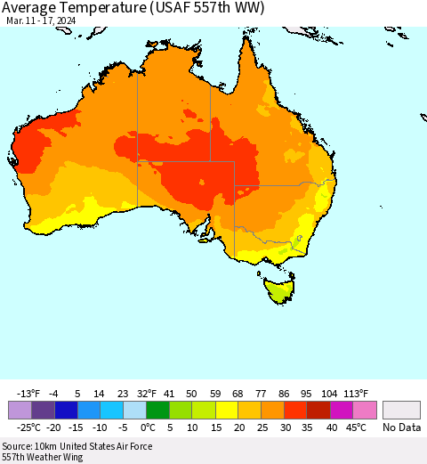 Australia Average Temperature (USAF 557th WW) Thematic Map For 3/11/2024 - 3/17/2024