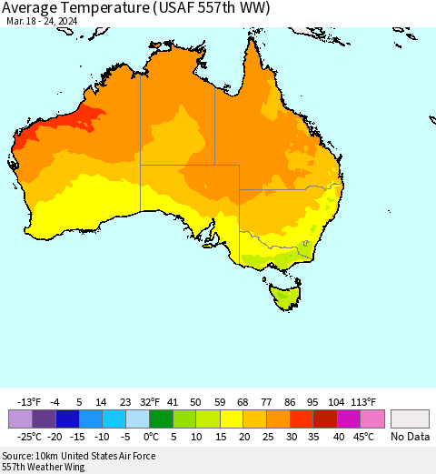 Australia Average Temperature (USAF 557th WW) Thematic Map For 3/18/2024 - 3/24/2024