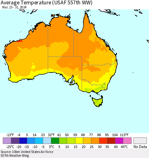 Australia Average Temperature (USAF 557th WW) Thematic Map For 3/25/2024 - 3/31/2024