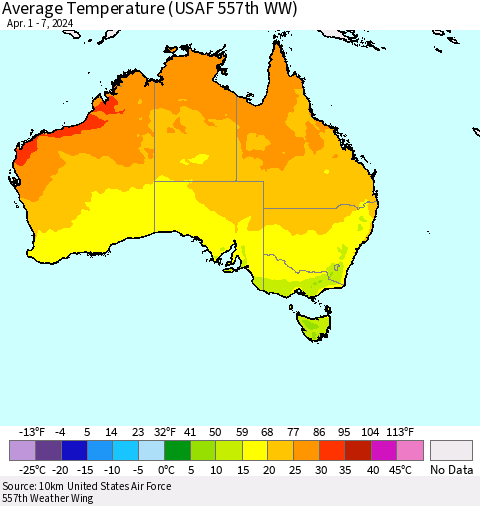 Australia Average Temperature (USAF 557th WW) Thematic Map For 4/1/2024 - 4/7/2024