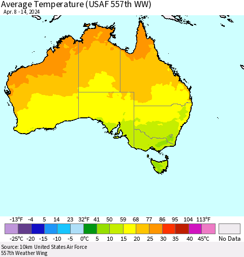 Australia Average Temperature (USAF 557th WW) Thematic Map For 4/8/2024 - 4/14/2024