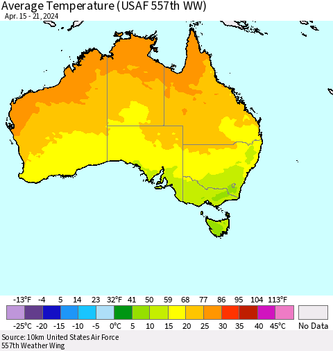 Australia Average Temperature (USAF 557th WW) Thematic Map For 4/15/2024 - 4/21/2024