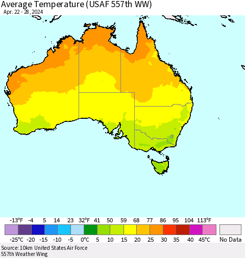 Australia Average Temperature (USAF 557th WW) Thematic Map For 4/22/2024 - 4/28/2024