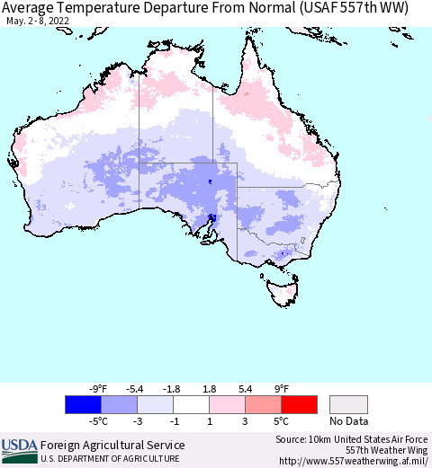 Australia Average Temperature Departure from Normal (USAF 557th WW) Thematic Map For 5/2/2022 - 5/8/2022