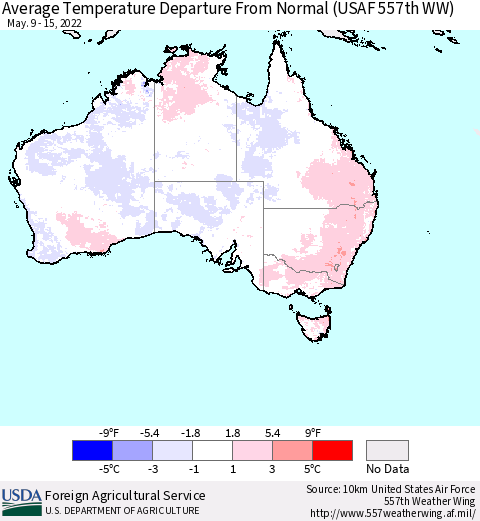 Australia Average Temperature Departure from Normal (USAF 557th WW) Thematic Map For 5/9/2022 - 5/15/2022
