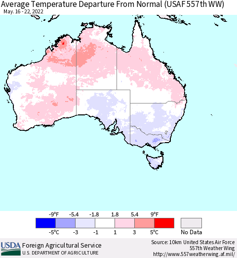 Australia Average Temperature Departure from Normal (USAF 557th WW) Thematic Map For 5/16/2022 - 5/22/2022