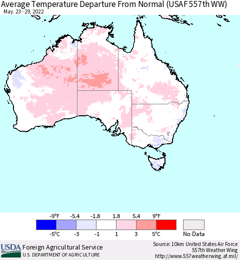 Australia Average Temperature Departure from Normal (USAF 557th WW) Thematic Map For 5/23/2022 - 5/29/2022