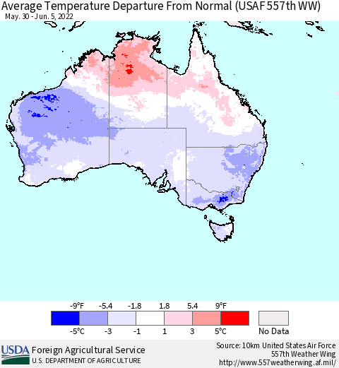 Australia Average Temperature Departure from Normal (USAF 557th WW) Thematic Map For 5/30/2022 - 6/5/2022