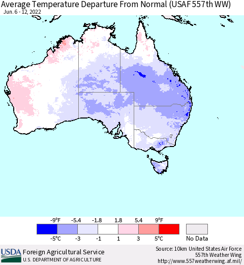 Australia Average Temperature Departure from Normal (USAF 557th WW) Thematic Map For 6/6/2022 - 6/12/2022
