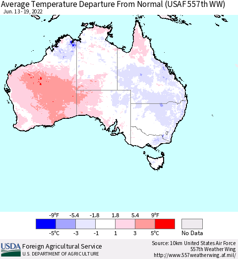 Australia Average Temperature Departure from Normal (USAF 557th WW) Thematic Map For 6/13/2022 - 6/19/2022
