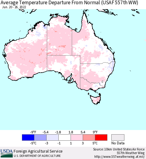 Australia Average Temperature Departure from Normal (USAF 557th WW) Thematic Map For 6/20/2022 - 6/26/2022