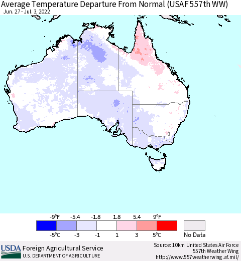 Australia Average Temperature Departure from Normal (USAF 557th WW) Thematic Map For 6/27/2022 - 7/3/2022