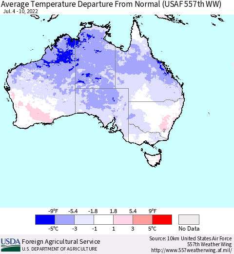Australia Average Temperature Departure from Normal (USAF 557th WW) Thematic Map For 7/4/2022 - 7/10/2022