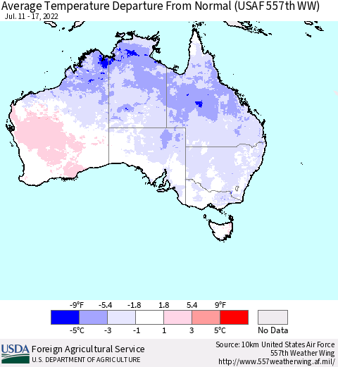 Australia Average Temperature Departure from Normal (USAF 557th WW) Thematic Map For 7/11/2022 - 7/17/2022