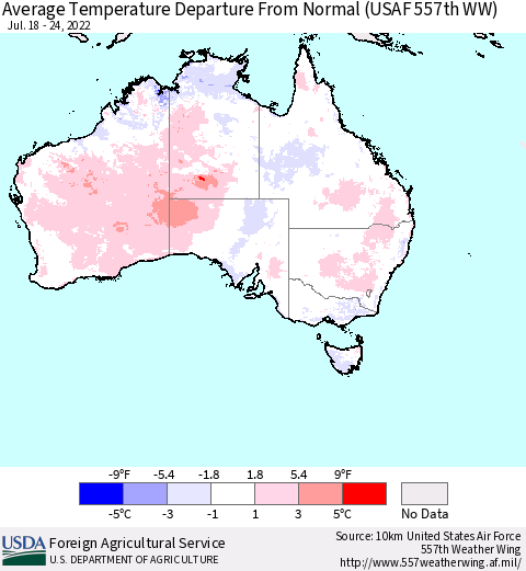 Australia Average Temperature Departure from Normal (USAF 557th WW) Thematic Map For 7/18/2022 - 7/24/2022