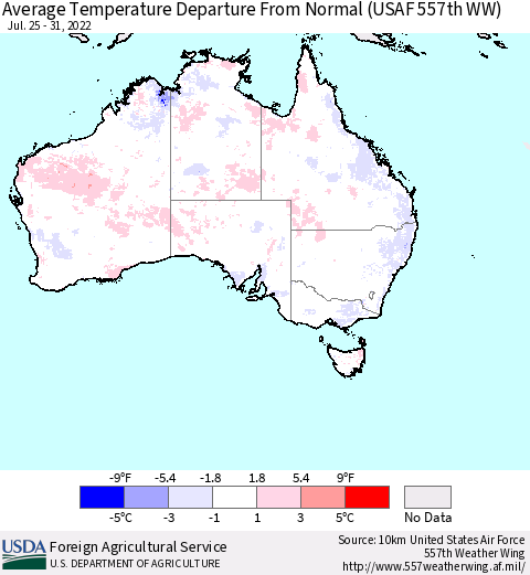 Australia Average Temperature Departure from Normal (USAF 557th WW) Thematic Map For 7/25/2022 - 7/31/2022