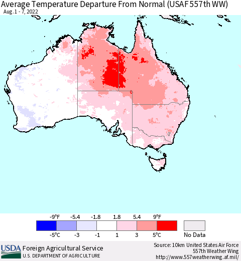 Australia Average Temperature Departure from Normal (USAF 557th WW) Thematic Map For 8/1/2022 - 8/7/2022