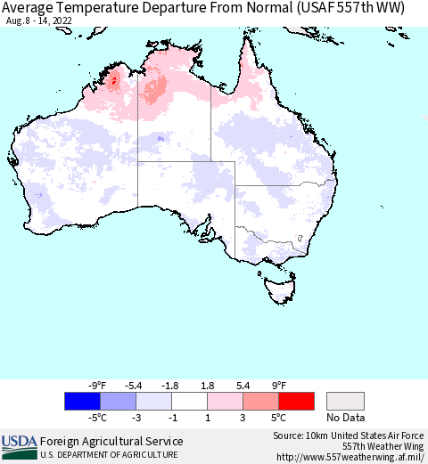 Australia Average Temperature Departure from Normal (USAF 557th WW) Thematic Map For 8/8/2022 - 8/14/2022