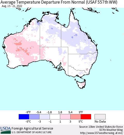Australia Average Temperature Departure from Normal (USAF 557th WW) Thematic Map For 8/15/2022 - 8/21/2022