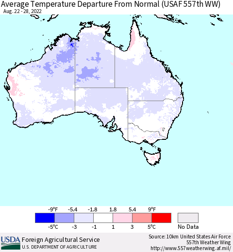 Australia Average Temperature Departure from Normal (USAF 557th WW) Thematic Map For 8/22/2022 - 8/28/2022