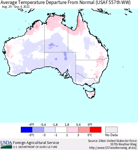 Australia Average Temperature Departure from Normal (USAF 557th WW) Thematic Map For 8/29/2022 - 9/4/2022