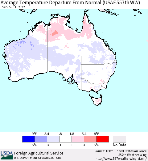 Australia Average Temperature Departure from Normal (USAF 557th WW) Thematic Map For 9/5/2022 - 9/11/2022