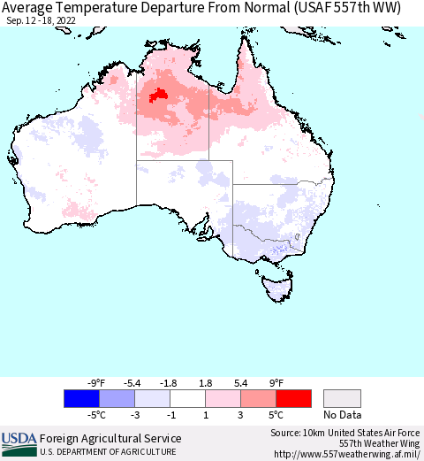 Australia Average Temperature Departure from Normal (USAF 557th WW) Thematic Map For 9/12/2022 - 9/18/2022