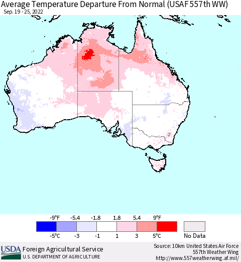 Australia Average Temperature Departure from Normal (USAF 557th WW) Thematic Map For 9/19/2022 - 9/25/2022