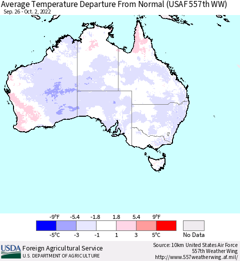 Australia Average Temperature Departure from Normal (USAF 557th WW) Thematic Map For 9/26/2022 - 10/2/2022