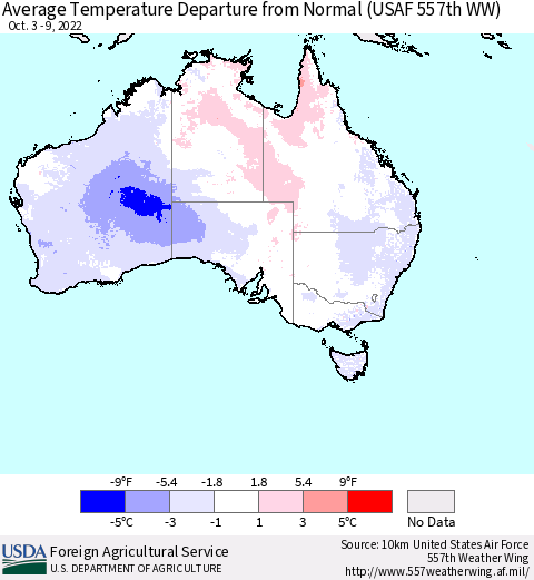 Australia Average Temperature Departure from Normal (USAF 557th WW) Thematic Map For 10/3/2022 - 10/9/2022