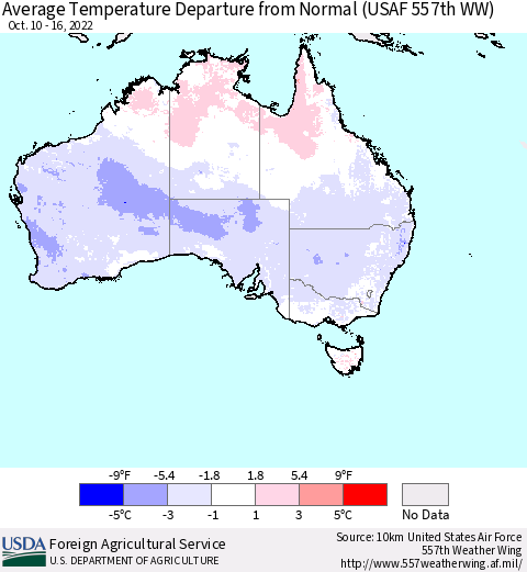 Australia Average Temperature Departure from Normal (USAF 557th WW) Thematic Map For 10/10/2022 - 10/16/2022