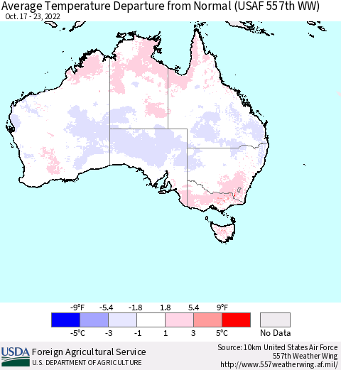 Australia Average Temperature Departure from Normal (USAF 557th WW) Thematic Map For 10/17/2022 - 10/23/2022